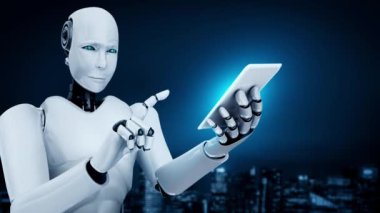 Robot hominoid use mobile phone or tablet for big data analytic using AI thinking brain , artificial intelligence and machine learning process for the 4th fourth industrial revolution . 3D rendering.