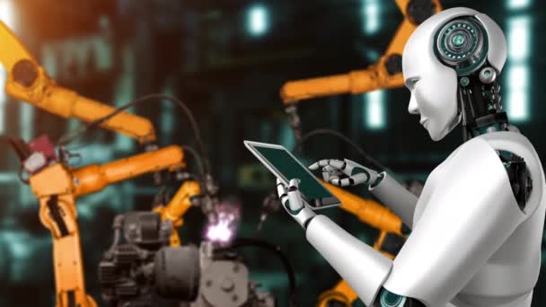 Κυβερνοποιημένα Ρομπότ Βιομηχανίας Και Ρομποτικοί Βραχίονες Για Συναρμολόγηση Στην Εργοστασιακή — Αρχείο Βίντεο