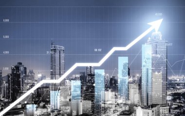 Financial graphs and digital indicators overlap with modernistic urban area, skyscrabber for stock market business concept. Double exposure.