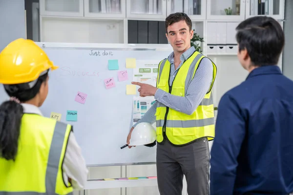 A team of investor and competent engineers brainstorming on the whiteboard to find new ideas and making plans. The idea of a team gather ideas together.