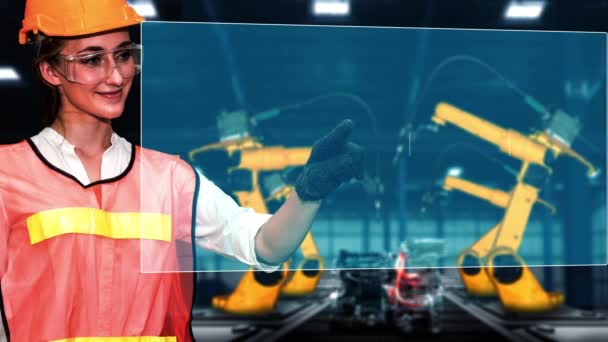 Инженер Использует Кибернетическое Роботизированное Программное Обеспечение Управления Рукой Робота Заводе — стоковое видео