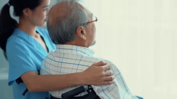Rear View Caregiver Her Contented Senior Patient Gazing Out Window — Stock videók