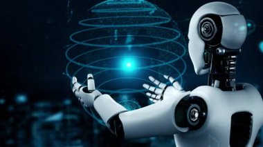 Internet connection controlled by AI robot huminoid and machine learning process to analyze data connectivity and cyber security . 3D rendering .