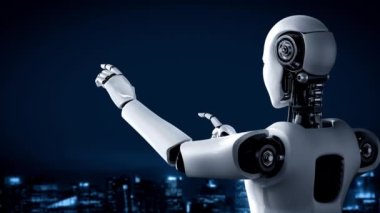 Yapay zeka robotu hologram ekranına dokunuyor ve makine öğrenme süreciyle yapay zeka kullanarak küresel iletişim ağı kavramını gösteriyor. 3B yorumlama bilgisayarı grafiği.
