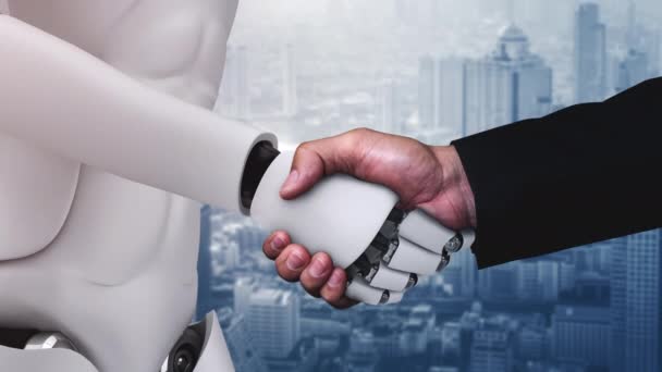 Rendering Hominoid Robot Handshake Collaborate Future Technology Development Thinking Brain — 图库视频影像