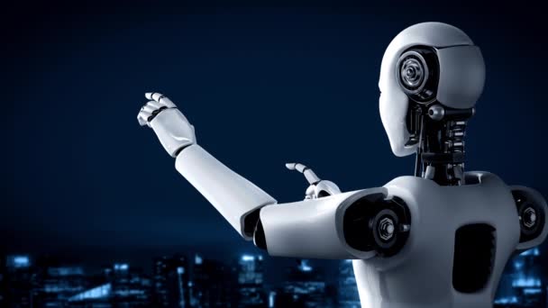 人工智能人形机器人触摸全息图屏幕 通过机器学习过程 运用人工智能思维展示了全球通信网络的概念 3D渲染计算机图形 — 图库视频影像
