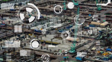 Otomasyon konseptini ve uzaktan kablosuz makine kontrolünü gösteren bir bilgisayar yazılımında fütüristik HUD kullanarak inşaat teknolojisi konsepti üzerinde değişiklik grafiği içeren konsept .