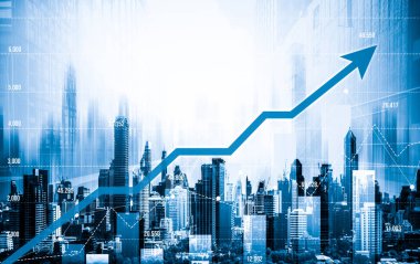 Financial graphs and digital indicators overlap with modernistic urban area, skyscrabber for stock market business concept. Double exposure.