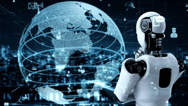 Internet connection controlled by AI robot huminoid and machine learning process to analyze data connectivity and cyber security . 3D rendering .