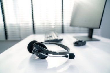 Essential equipment concept for competent online operators, call service agents, or online working. Customer service equipment, as well as helpdesk tools.