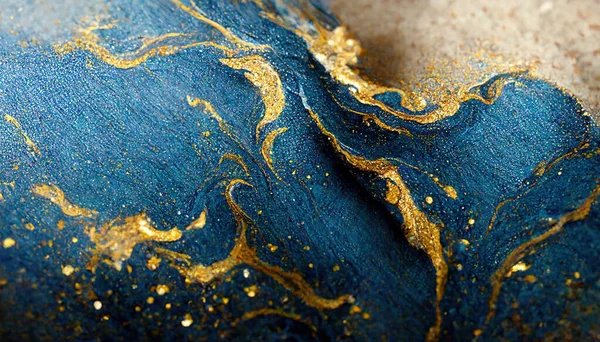 Spectacular high-quality abstract background of a whirlpool of dark blue and gold. Digital art 3D illustration. Mable with liquid texture like turbulent waves.