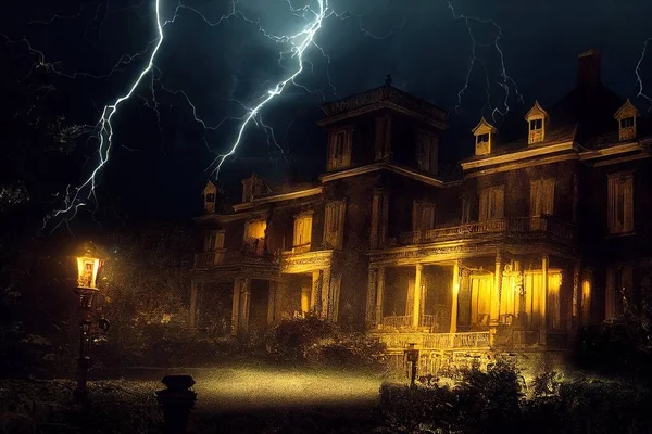 Abandoned ghost house in scary night thunderstorm spectacular 3D illustration digital painting artwork