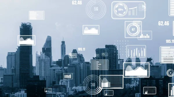 Interface Analítica Dados Negócios Sobrevoa Cidade Inteligente Mostrando Futuro Alteração — Fotografia de Stock