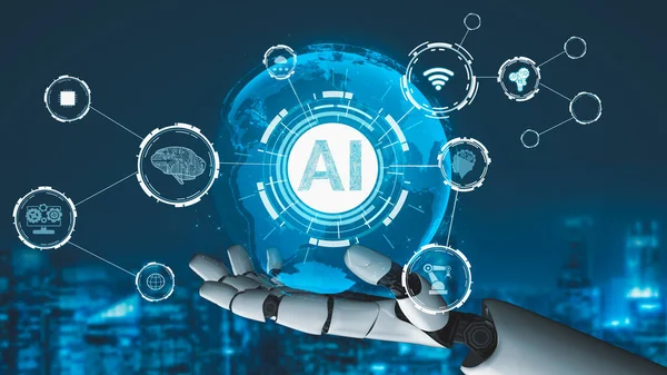 Gelecekçi robot yapay zeka devrimci yapay zeka teknoloji geliştirme ve makine öğrenme kavramı. İnsan hayatının geleceği için küresel robot biyonik bilim araştırması. 3B görüntüleme grafiği.