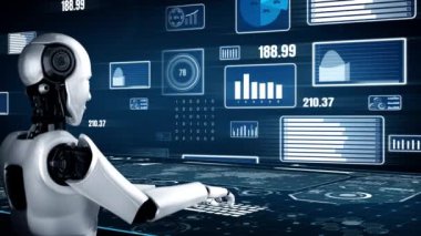 Future financial technology controll by AI robot huminoid uses machine learning and artificial intelligence to analyze business data and give advice on investment and trading decision . 3D rendering .