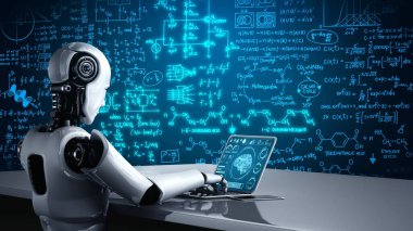 Robot hominoidler dizüstü bilgisayar kullanırlar ve 4. Endüstriyel Devrim için yapay zeka ve makine öğrenme yöntemlerini kullanarak mühendislik bilimi çalışmak için masaya otururlar. 3B görüntüleme