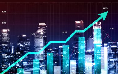 Stock market business concept. Financial graphs and digital indicators with modernistic urban area and skyscrapers as background. Double Exposure.