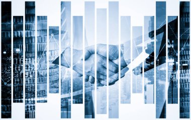 Ekonomik refah ve para teknolojisinin varlık geçmişi üzerine iş tokalaşması. Değerli borsaya yatırım yaparak ekonomik ve finansal büyüme ile refah kar birimi ticareti elde edilir