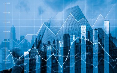 Financial graphs and digital indicators overlap with modernistic urban area, skyscrabber for stock market business concept. Double exposure.