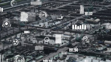 Otomasyon konseptini ve uzaktan kablosuz makine kontrolünü gösteren bir bilgisayar yazılımında fütüristik HUD kullanarak inşaat teknolojisi konsepti üzerinde değişiklik grafiği içeren konsept .