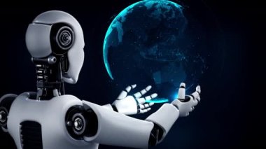 AI hominoid robot holding virtual hologram screen showing concept of big data analytic using artificial intelligence thinking by machine learning process. 3D rendering.