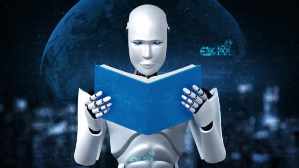 将来の数学的人工知能 データマイニング 第4次産業自動化革命をコンセプトに ロボット人型読書本の3Dレンダリングと数学データ分析の解決 — ストック動画