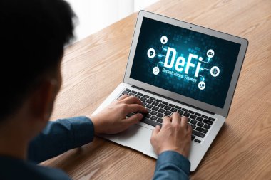 Decentralized finance or DeFi concept on modish computer screen . The defi system give new choice of investment and money saving . clipart