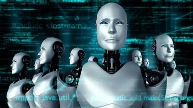 Futuristic robot artificial intelligence huminoid AI programming coding technology development and machine learning concept. Robotic bionic science research for future of human life. 3D rendering.