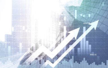 Financial graphs and digital indicators overlap with modernistic urban area, skyscrabber for stock market business concept. Double exposure.