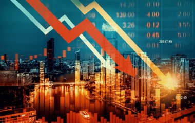 Economic crisis concept shown by declining graphs and digital indicators overlap modernistic city background. Double exposure.