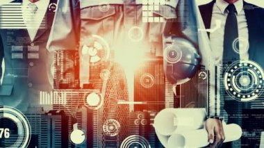 Gelecekteki bina inşaatı ve HUD hologram grafik tasarımı ile yaratıcı mühendislik projesi konsepti. İnşaat mühendisi, mimar ya da inşaat işçisi modern sivil teknoloji ile çalışıyor..