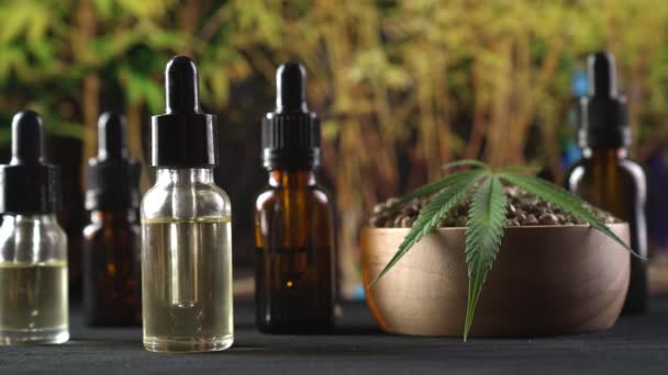 Productos Marihuana Legalizados Planta Cannabis Hoja Cáñamo Botella Aceite Cbd — Vídeo de stock