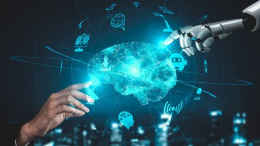 Gelecekçi robot yapay zeka yapay zeka yapay zekayı aydınlatıyor ve makine öğrenme kavramını geliştiriyor. İnsan hayatının geleceği için küresel robot biyonik bilim araştırması. 3B görüntüleme grafiği.