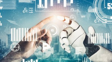 Gelecekçi robot yapay zeka devrimci yapay zeka teknoloji geliştirme ve makine öğrenme kavramı. İnsan hayatının geleceği için küresel robot biyonik bilim araştırması. 3B görüntüleme grafiği.