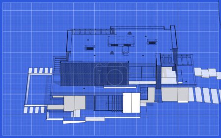 3d rendu de maison confortable moderne avec parking et piscine à vendre ou à louer avec façade en planches de bois. Esquisse en ligne noire avec tache blanche et fond de plan